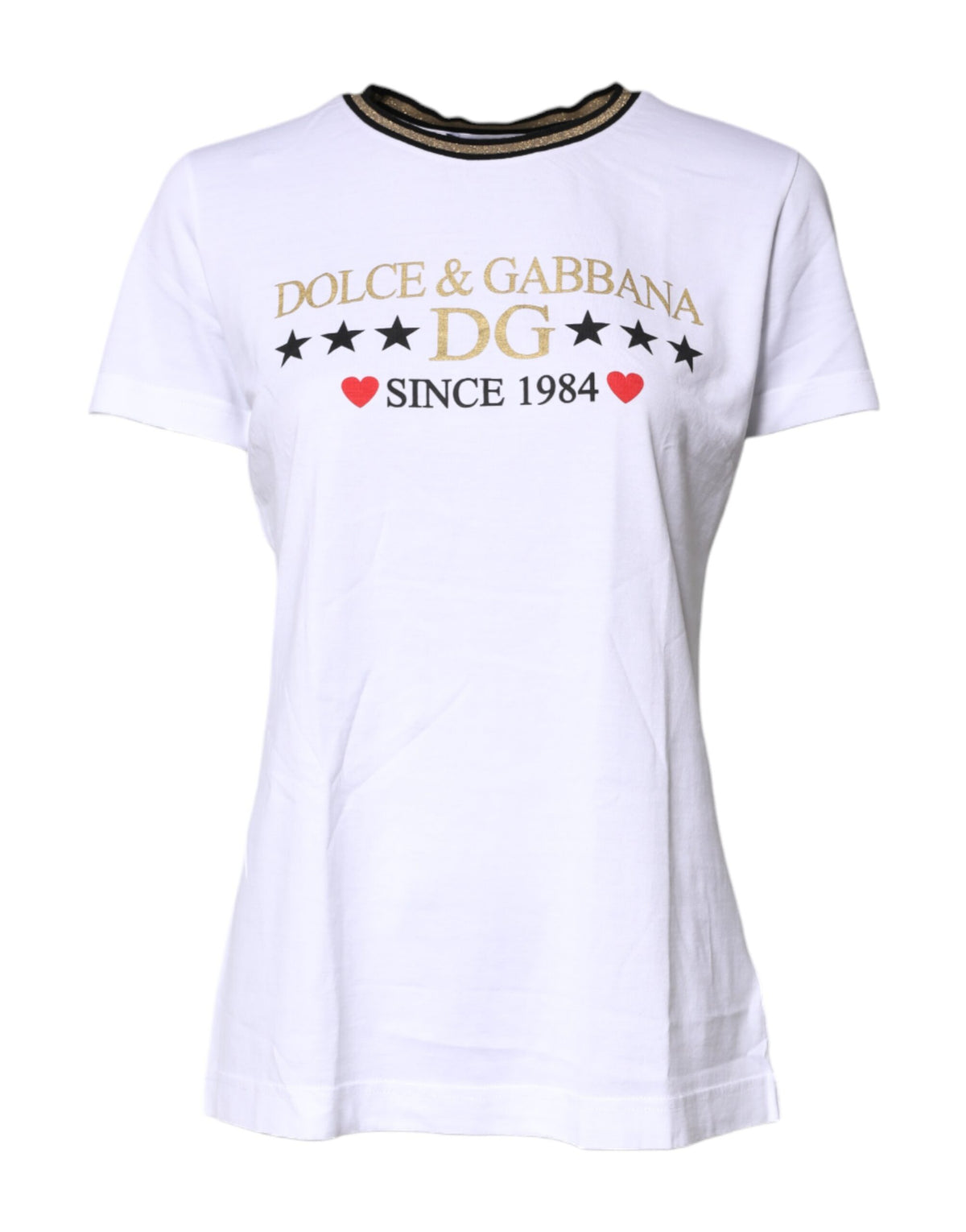 Dolce & Gabbana white printed round neck cotton T-shirt with short sleeves and stylish design.