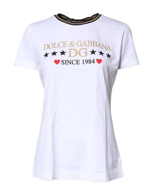 Dolce & Gabbana White Printed Round Neck Top Cotton T-shirt Dolce & Gabbana