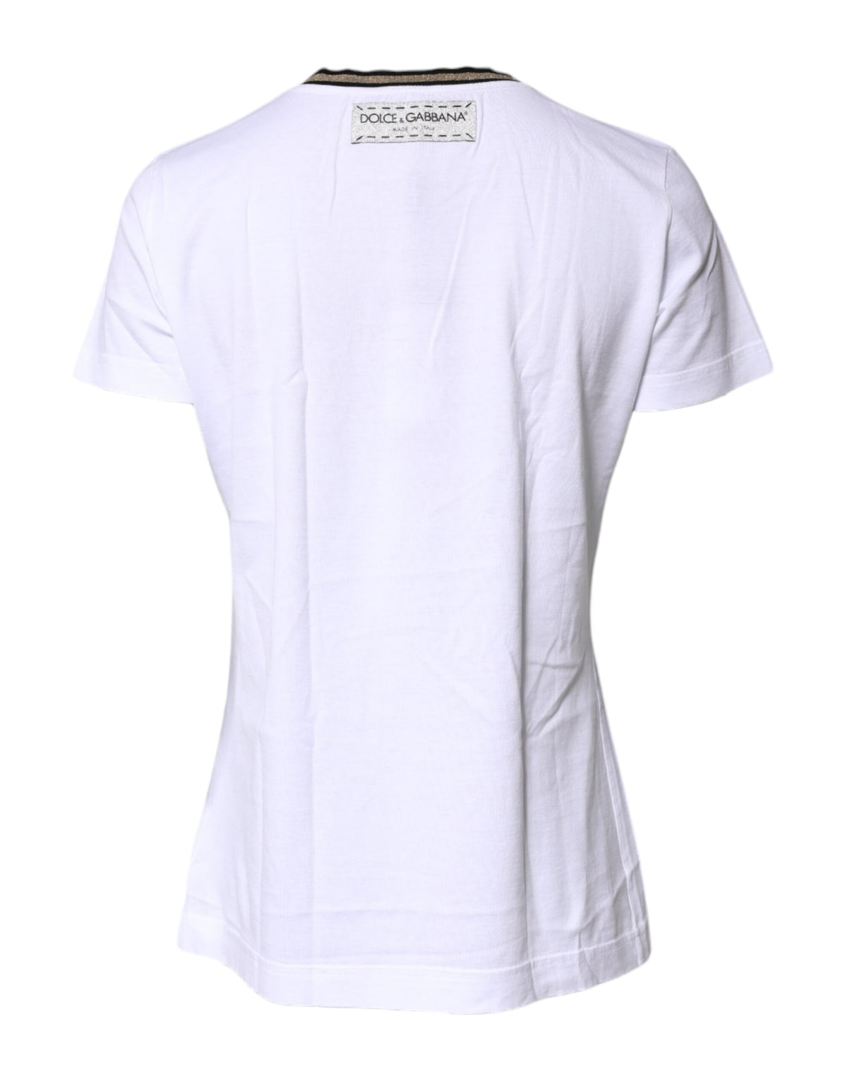 Dolce & Gabbana white cotton T-shirt with printed round neck design, casual style, and soft fabric.
