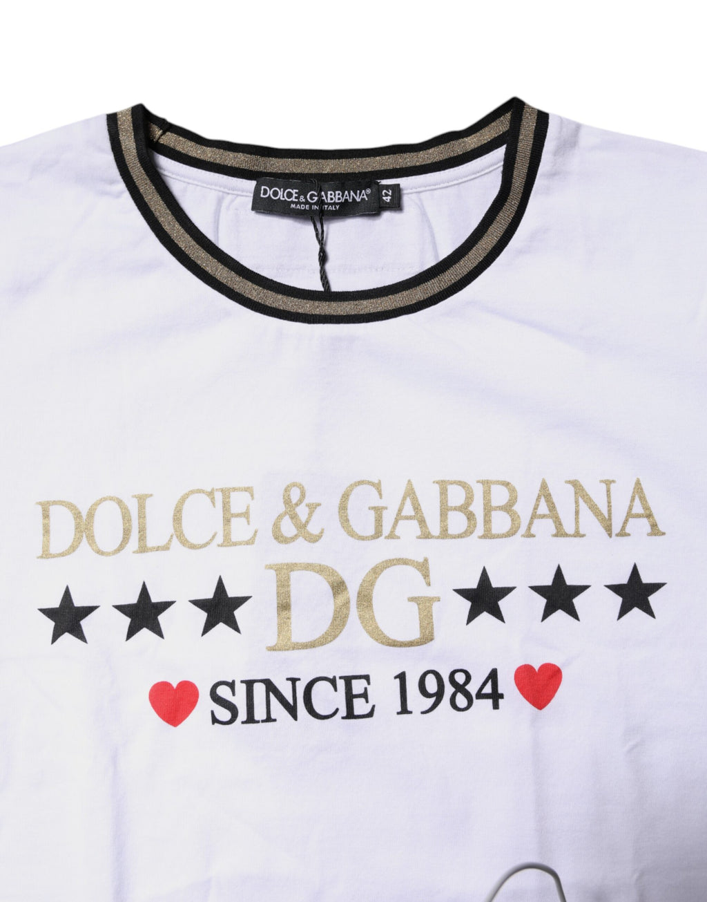 White Dolce & Gabbana cotton round neck top with printed design, casual T-shirt for everyday wear.