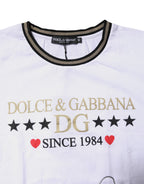 White Dolce & Gabbana cotton round neck top with printed design, casual T-shirt for everyday wear.