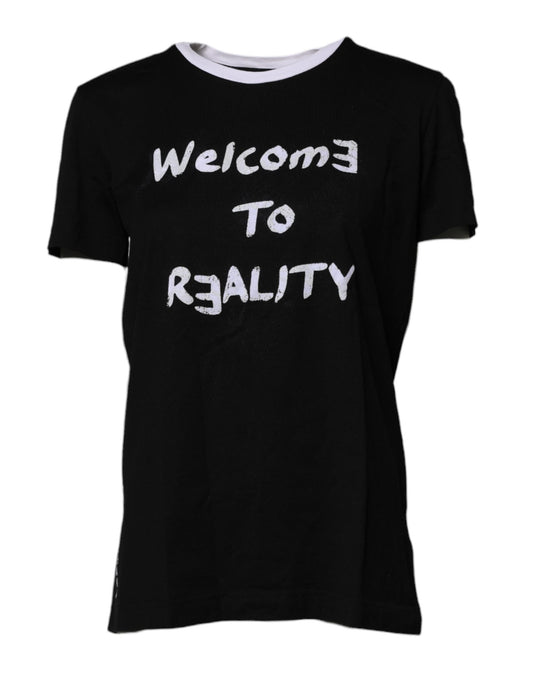 Dolce & Gabbana Black Printed Round Neck Top Cotton T-shirt Dolce & Gabbana