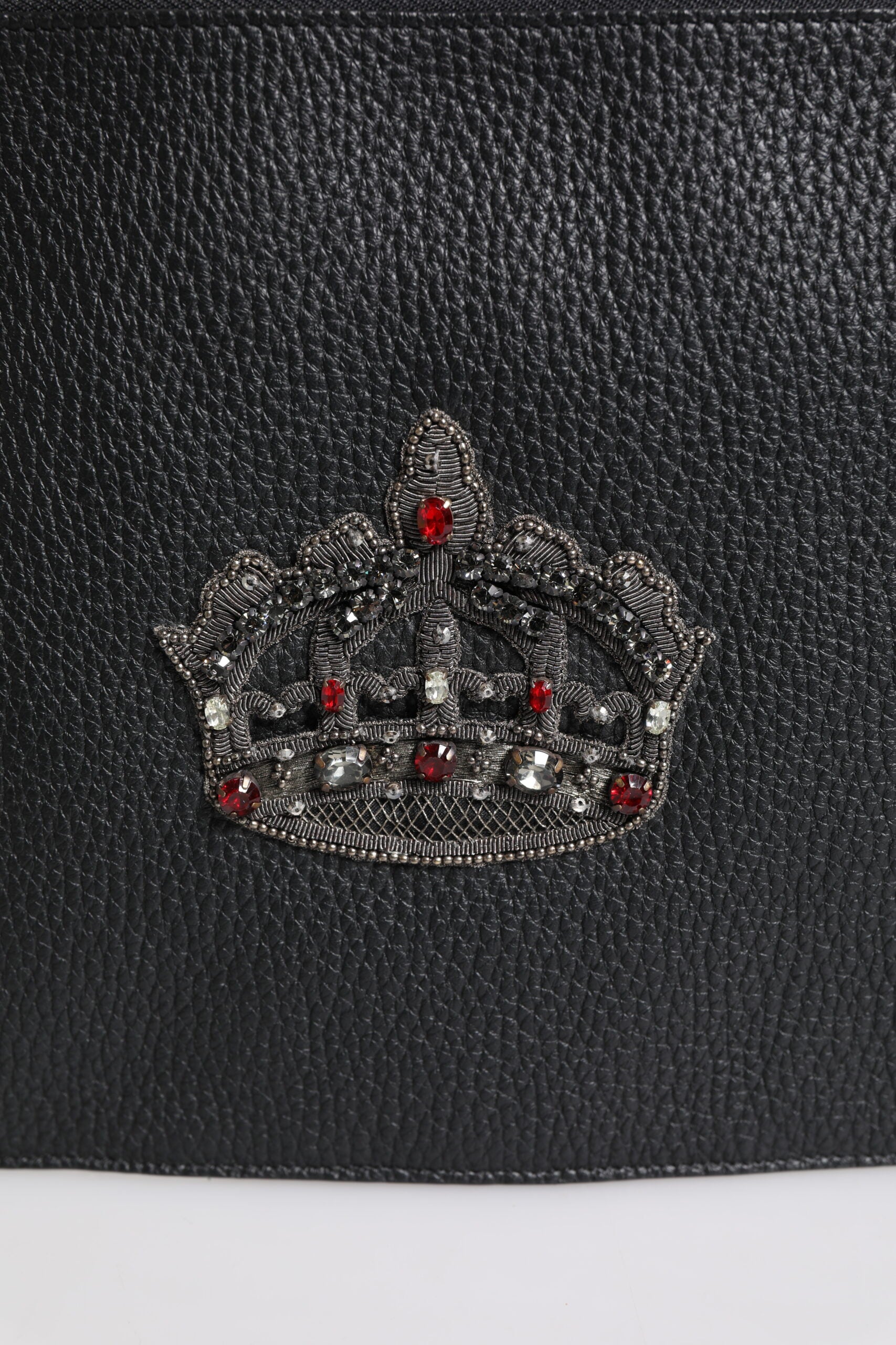 Dolce & Gabbana Black Calfskin Crown Embellished Clutch Pouch Bag Dolce & Gabbana