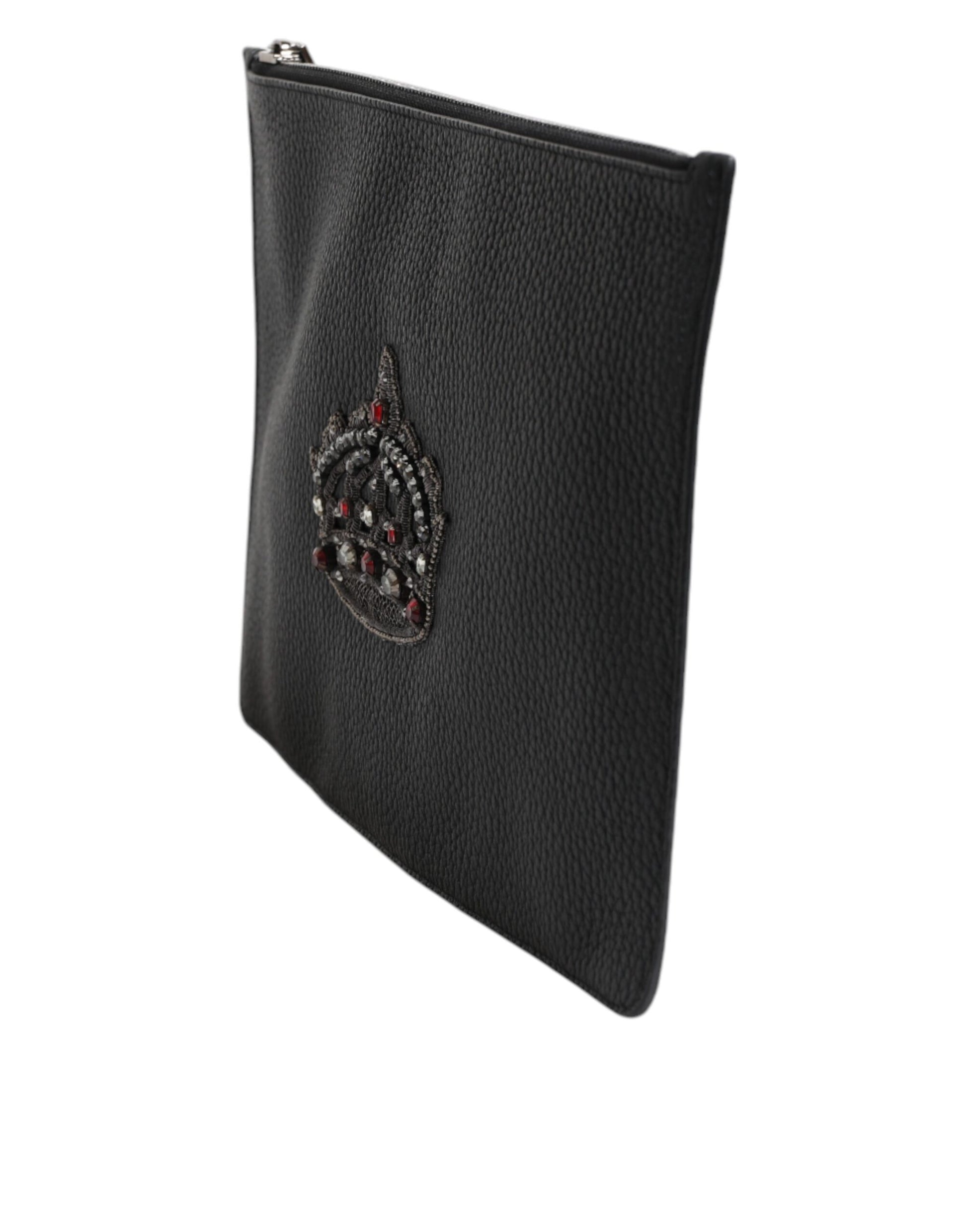 Dolce & Gabbana Black Calfskin Crown Embellished Clutch Pouch Bag Dolce & Gabbana
