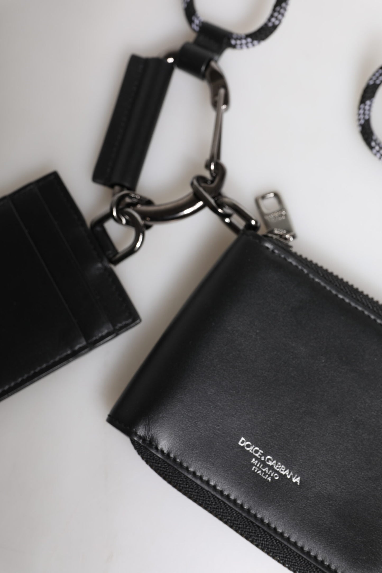 Dolce & Gabbana Black Leather Lanyard Zip Around Card Holder Wallet Dolce & Gabbana