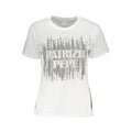 White cotton women’s T-shirt by Patrizia Pepe, featuring a classic fit and simple crew neckline, shown on a model.