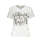 White cotton women’s T-shirt by Patrizia Pepe, featuring a classic fit and simple crew neckline, shown on a model.