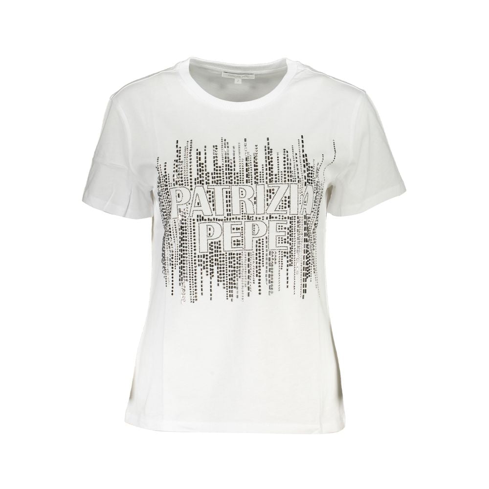 White cotton women’s T-shirt by Patrizia Pepe, featuring a classic fit and simple crew neckline, shown on a model.