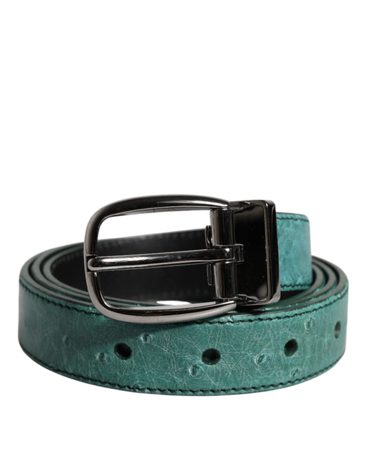 Dolce & Gabbana Green Ostrich Leather Silver Metal Buckle Belt Dolce & Gabbana