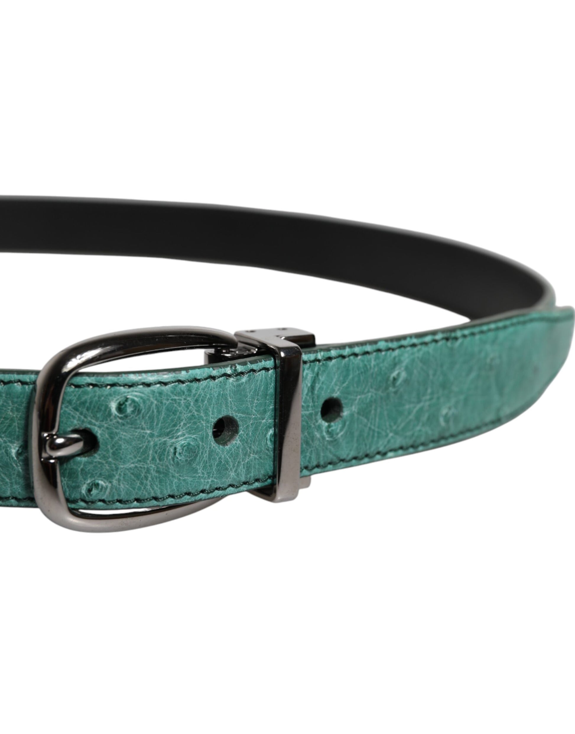Dolce & Gabbana Green Ostrich Leather Silver Metal Buckle Belt Dolce & Gabbana