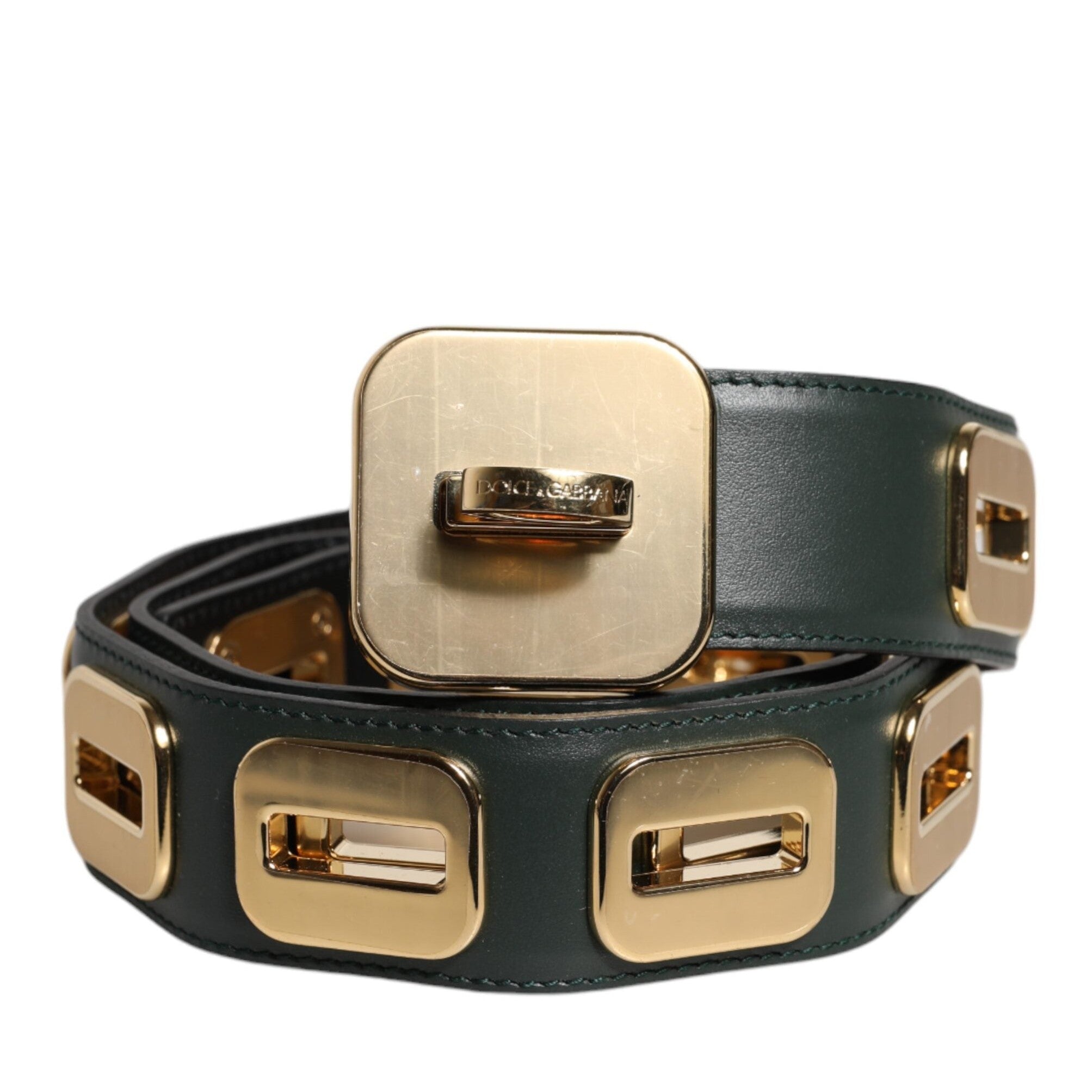 Dolce & Gabbana Green Leather Gold Tone Rotating Buckle Belt