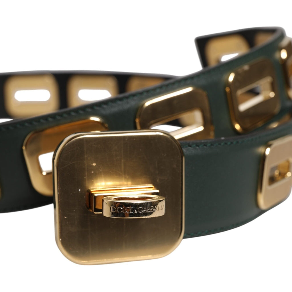Dolce & Gabbana Green Leather Gold Tone Rotating Buckle Belt