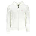 White cotton men's hoodie by Napapijri, featuring a casual fit and front pocket, shown on a plain background.