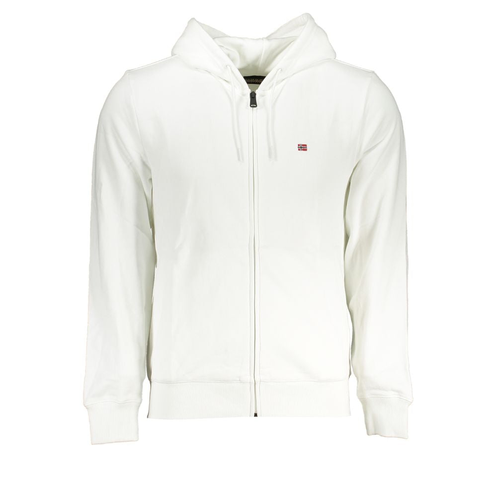 White cotton men's hoodie by Napapijri, featuring a casual fit and front pocket, shown on a plain background.