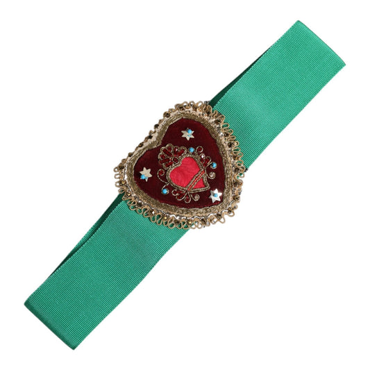 Dolce & Gabbana Green Stretch Wide Waist Heart Embellished Belt Dolce & Gabbana