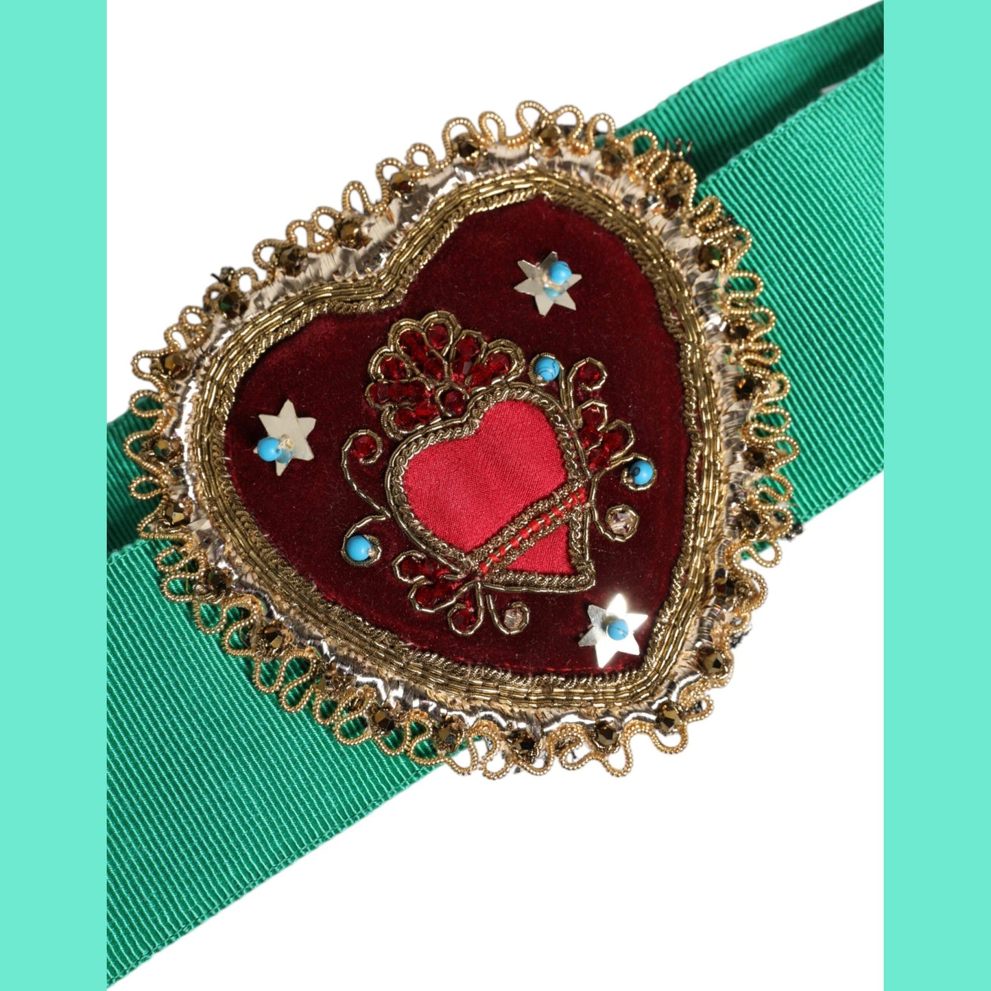 Dolce & Gabbana Green Stretch Wide Waist Heart Embellished Belt Dolce & Gabbana
