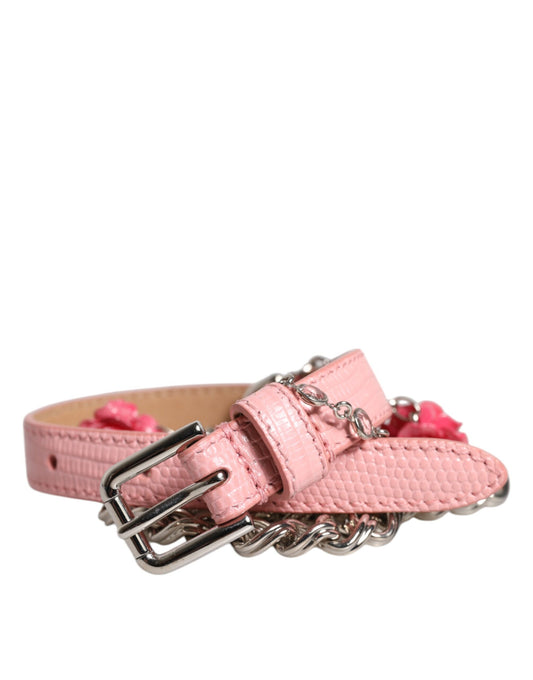 Dolce & Gabbana Pink Embelished Roses Textured Leather Belt Dolce & Gabbana