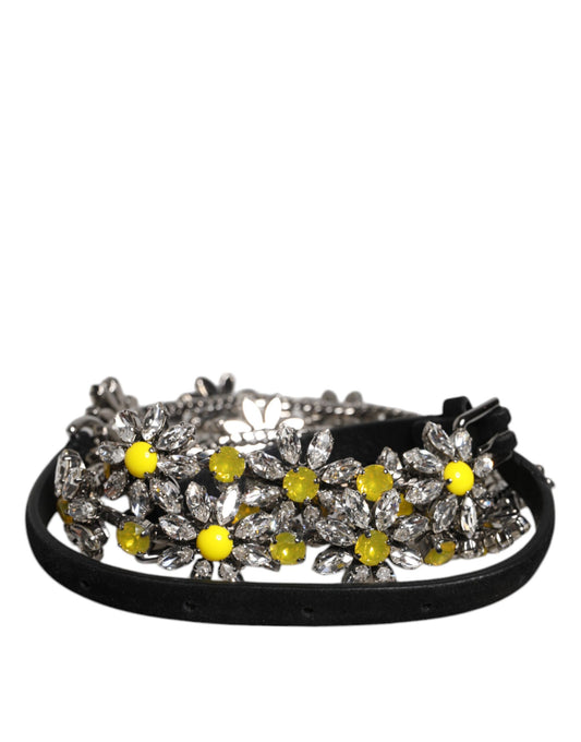 Dolce & Gabbana Black Leather Daisy Crystal Embellish Waist Belt Dolce & Gabbana