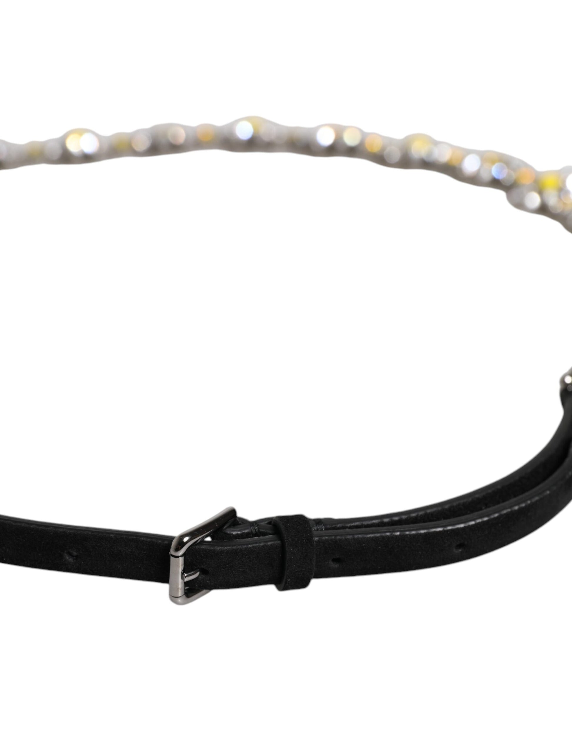 Dolce & Gabbana Black Leather Daisy Crystal Embellish Waist Belt Dolce & Gabbana