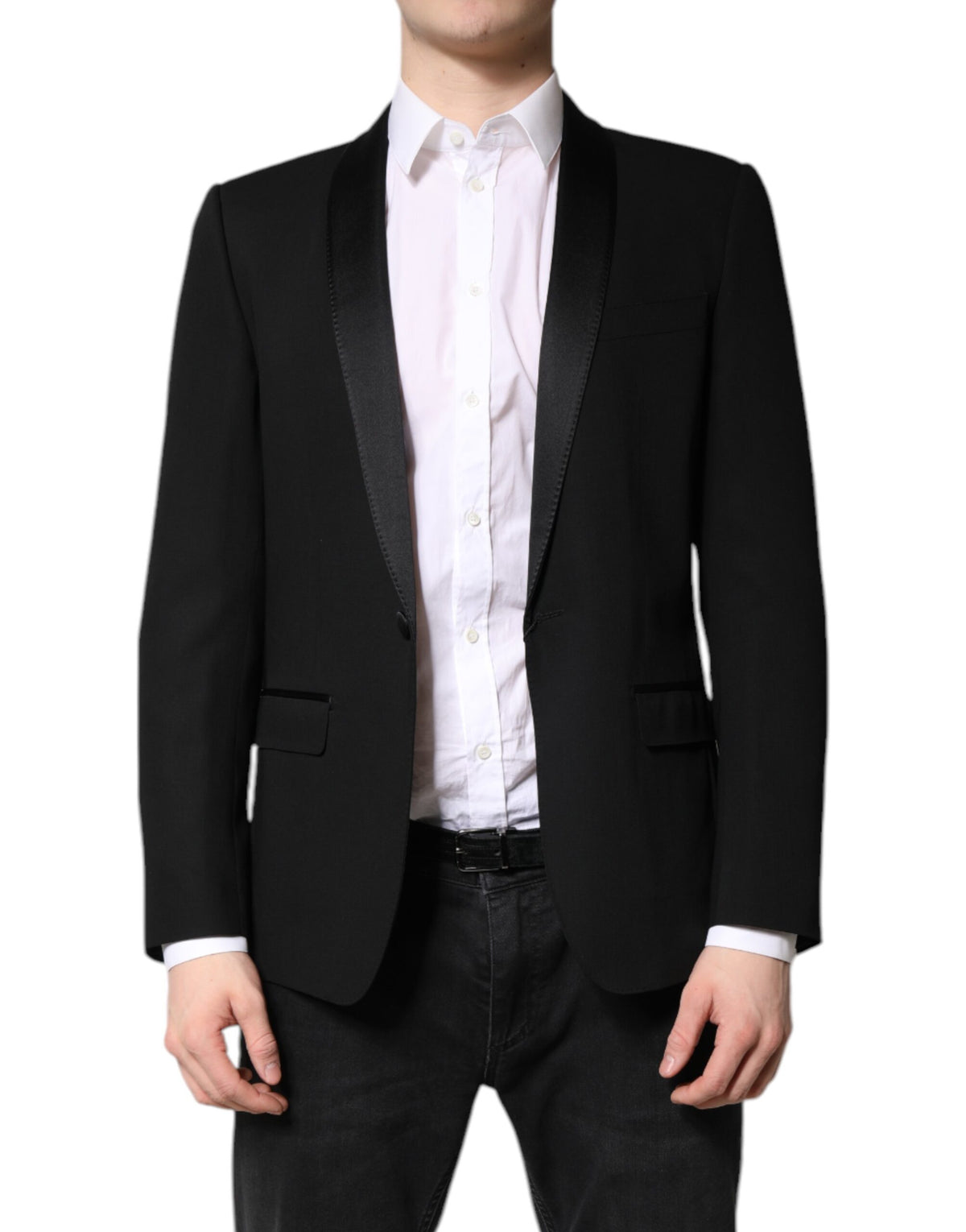 Dolce & Gabbana black single-breasted men's blazer with classic lapels, tailored fit, and stylish design.