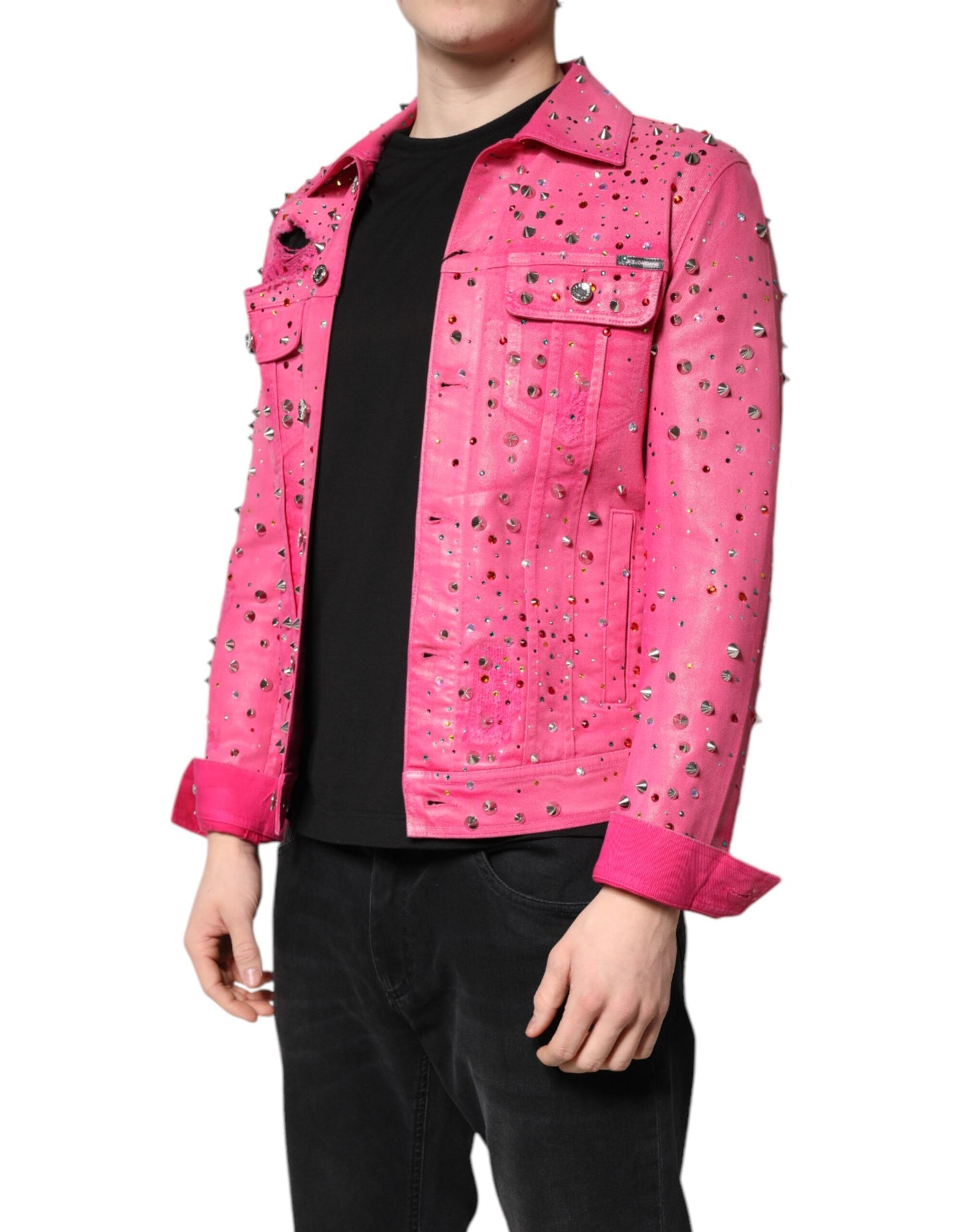 Dolce & Gabbana Pink Crystal Embellished Cotton Denim Jacket Dolce & Gabbana