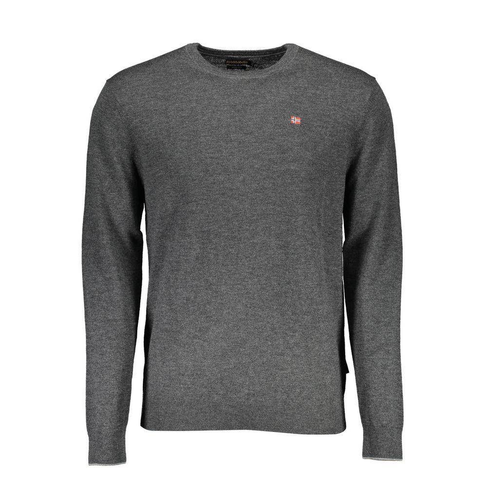 Napapijri Grigio Wool Men's Sweater shown with crew neck and ribbed cuffs, made of soft grey wool fabric.