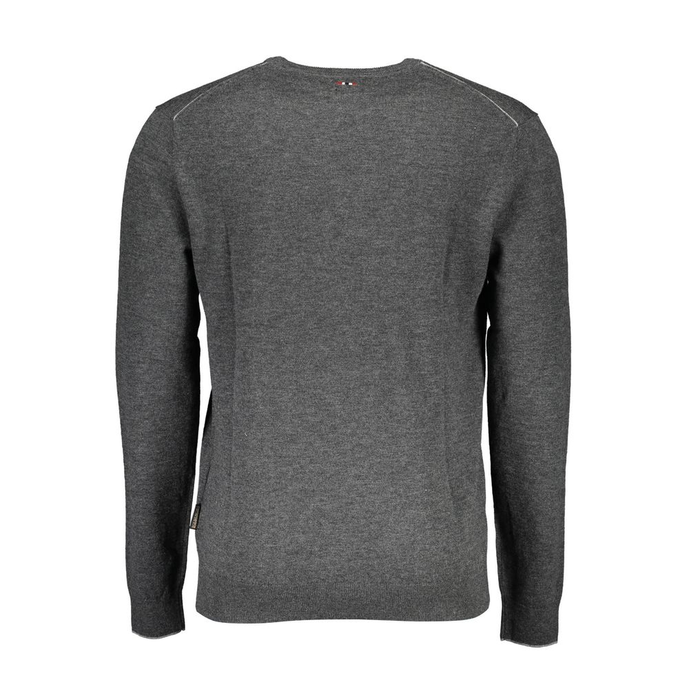 Napapijri Grigio Wool Men's Sweater displayed on a hanger, featuring a classic crew neck and textured knit fabric.