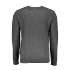 Napapijri Grigio Wool Men's Sweater displayed on a hanger, featuring a classic crew neck and textured knit fabric.