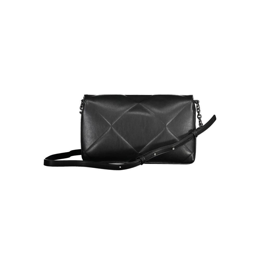 Calvin Klein black polyester women’s shoulder bag with sleek design and adjustable strap, front pocket, and subtle logo detail.