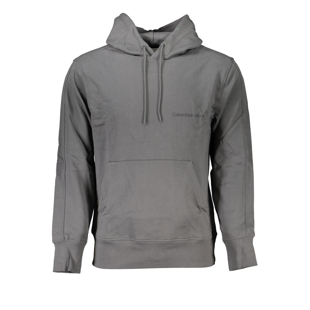 Calvin Klein gray hooded sweatshirt with a relaxed fit, featuring a drawstring hood and soft fabric for casual wear.
