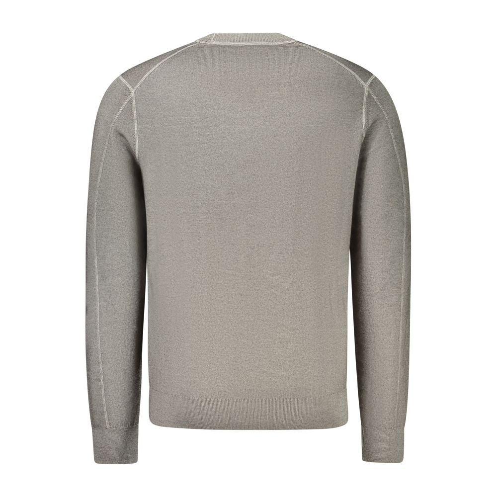 Hugo Boss Grigio wool men's sweater displayed on a hanger, showcasing a classic fit and textured knit fabric.