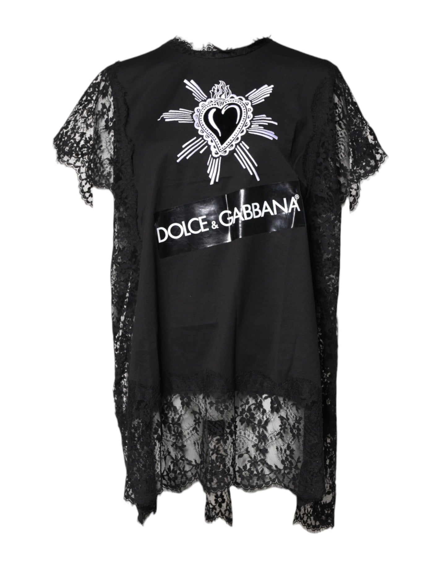 Dolce & Gabbana Black Lace Sheer Sacred Heart Crew Neck Top Dolce & Gabbana