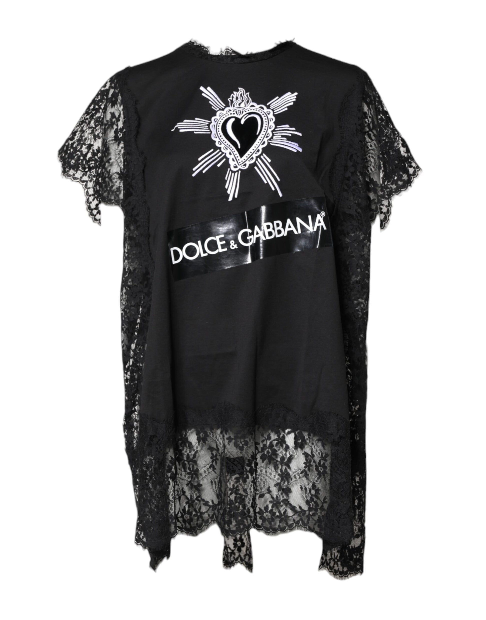 Dolce & Gabbana Black Lace Sheer Sacred Heart Crew Neck Top Dolce & Gabbana