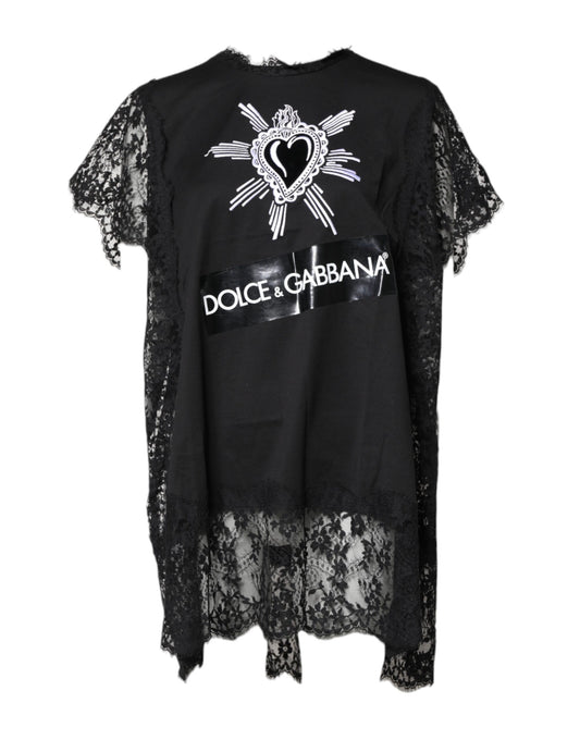 Dolce & Gabbana Black Lace Sheer Sacred Heart Crew Neck Top Dolce & Gabbana