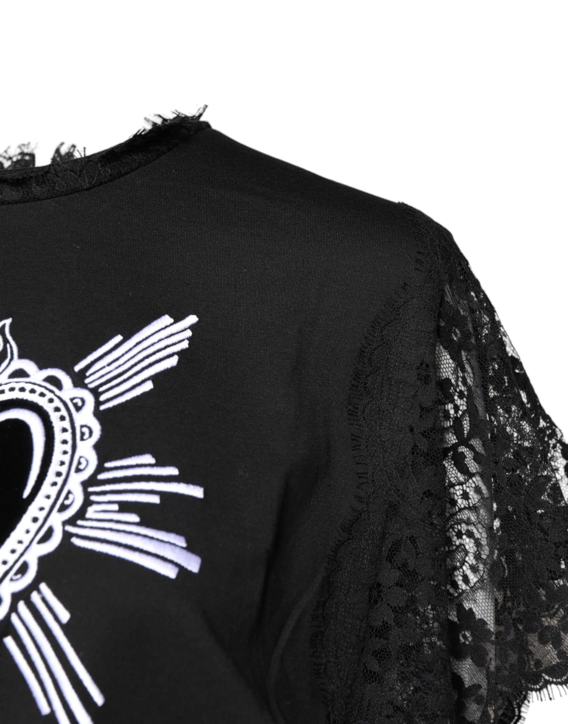 Dolce & Gabbana Black Lace Sheer Sacred Heart Crew Neck Top Dolce & Gabbana