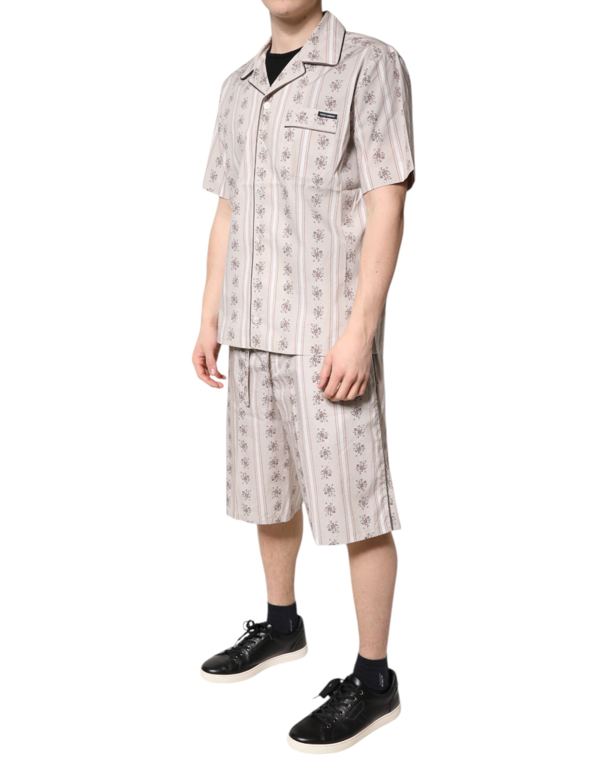 Dolce & Gabbana Beige Floral Print Cotton Men Pajama Set Sleepwear Dolce & Gabbana