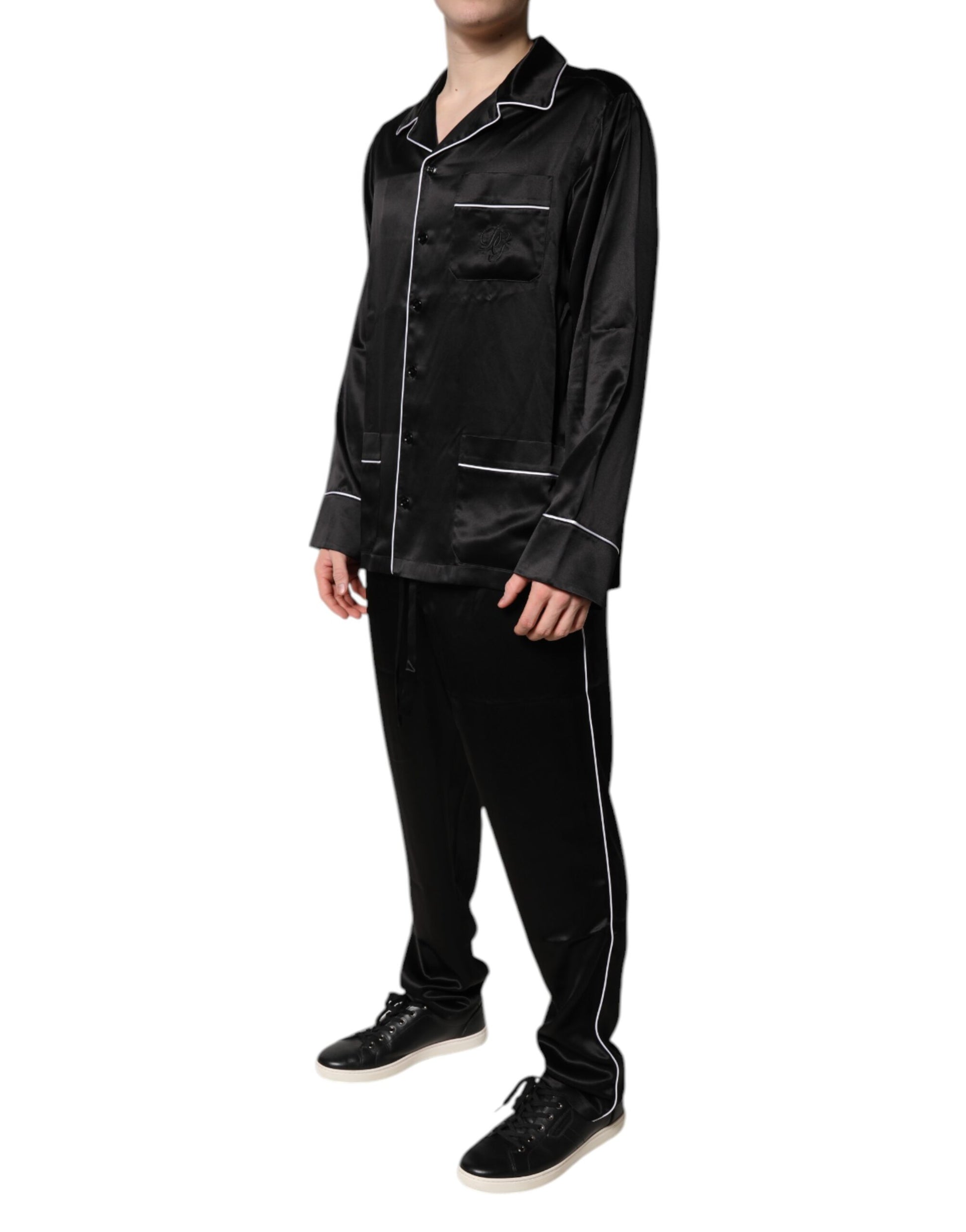 Dolce & Gabbana Black Silk Shirt Pants Pajama Set Sleepwear Dolce & Gabbana