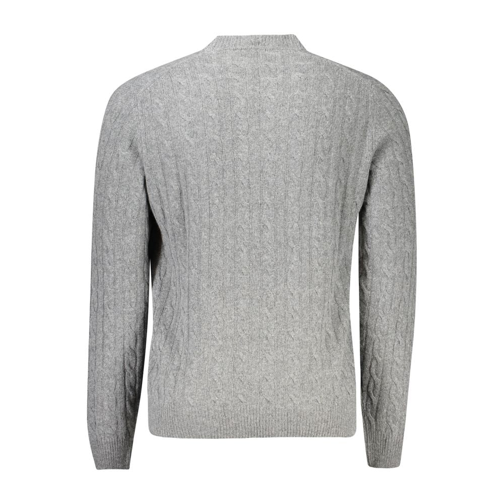 North Sails gray wool men's sweater displayed on a hanger, showcasing its classic knit design and cozy texture.