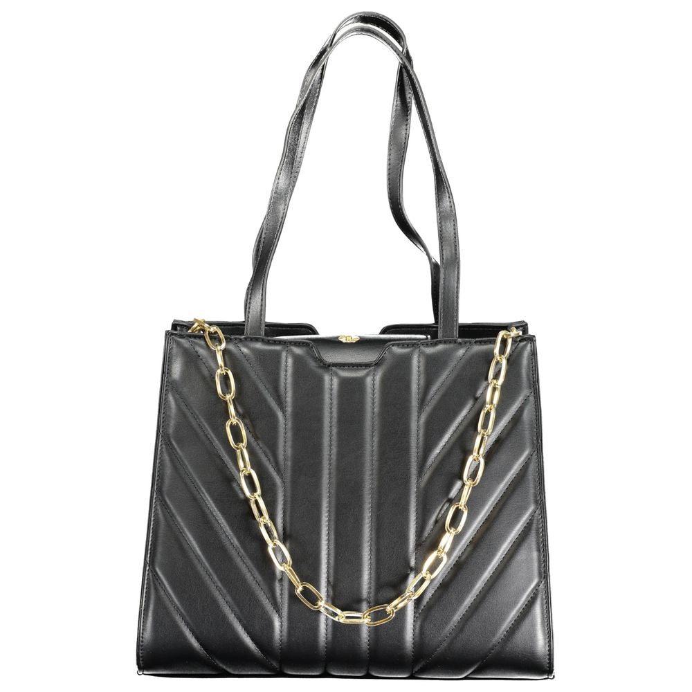 Mario Valentino Nero polyurethane woman bag with sleek design and silver hardware, featuring a top handle and removable shoulder strap.