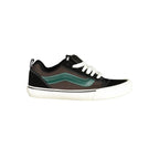 Vans black polyester men's sneaker with white rubber sole and lace-up design, casual athletic footwear for everyday wear.