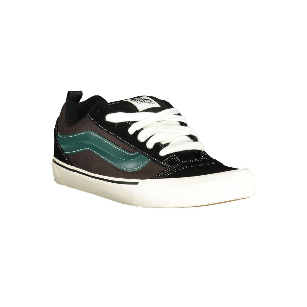 Black Vans polyester men's sneaker with white sole and lace-up design, showcasing a casual athletic footwear style.