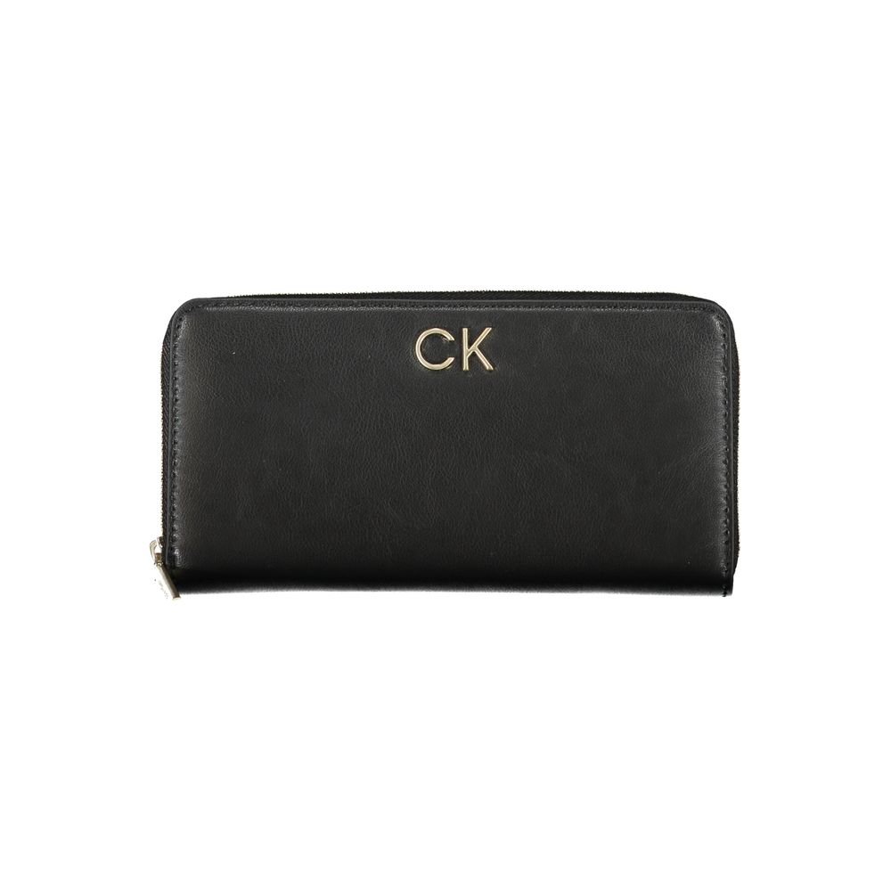 Calvin Klein elegant multi-compartment designer wallet with multiple card slots and sleek black leather finish.