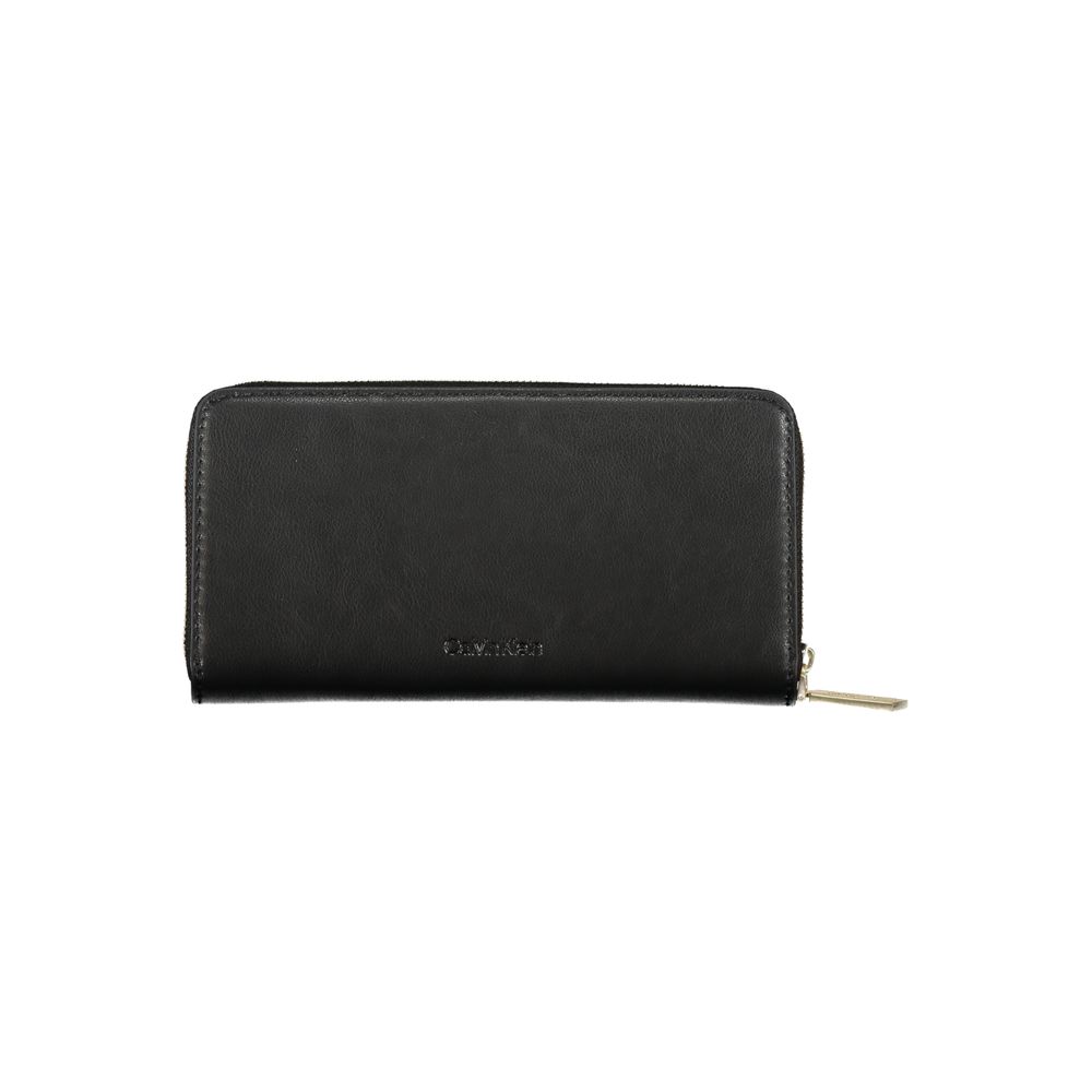 Calvin Klein elegant multi-compartment designer wallet with multiple card slots and sleek black leather finish.