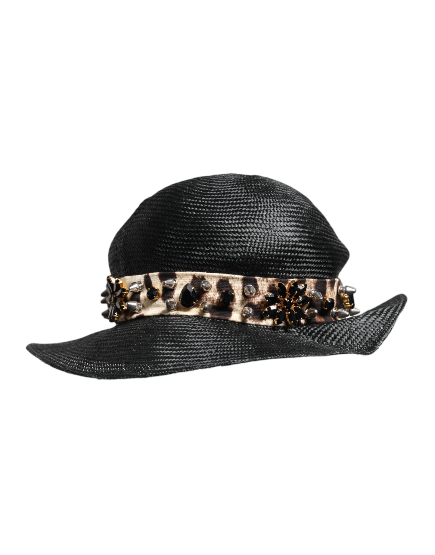 Dolce & Gabbana Black Straw Crystal Embellished Wide Brim Hat Dolce & Gabbana