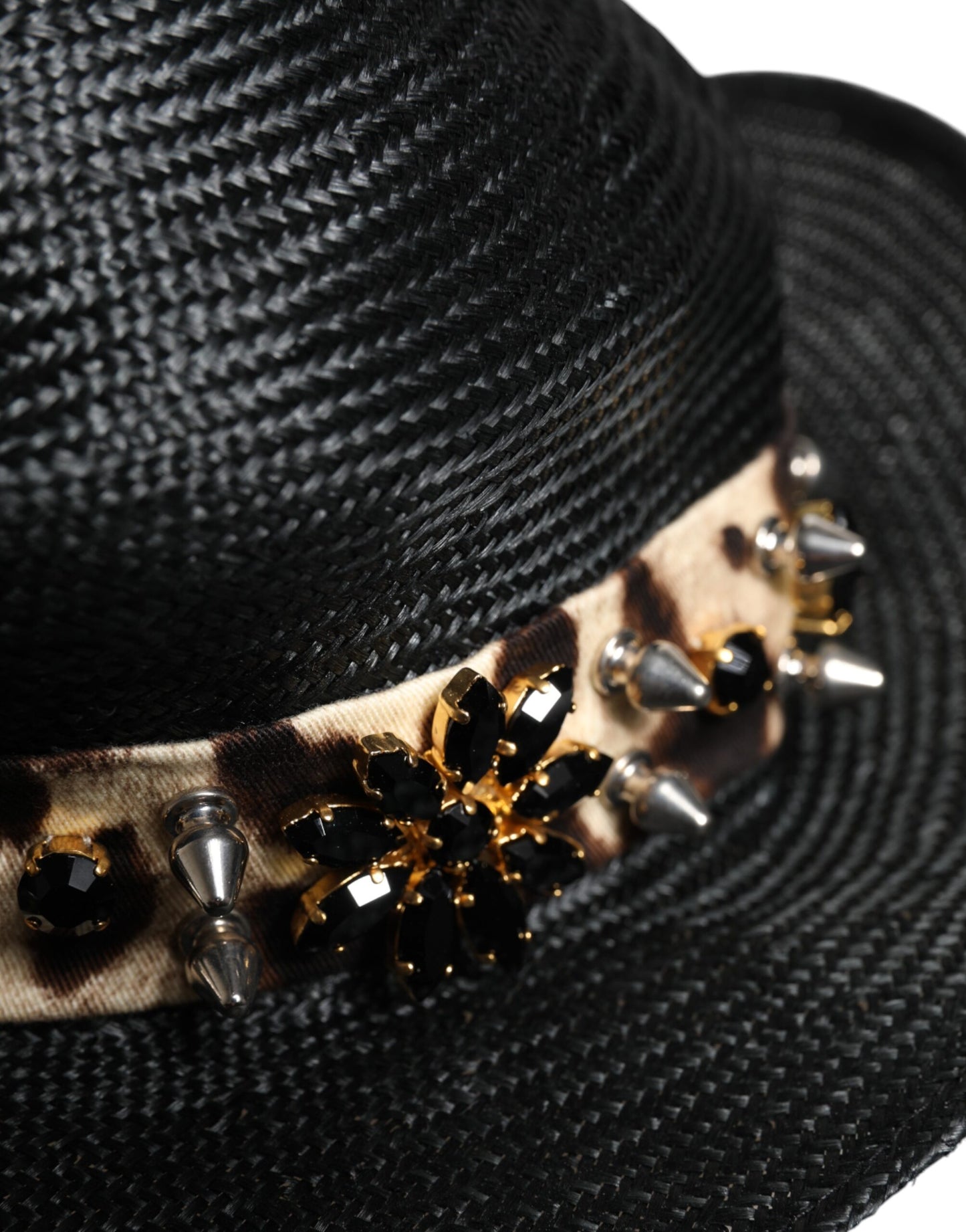 Dolce & Gabbana Black Straw Crystal Embellished Wide Brim Hat Dolce & Gabbana