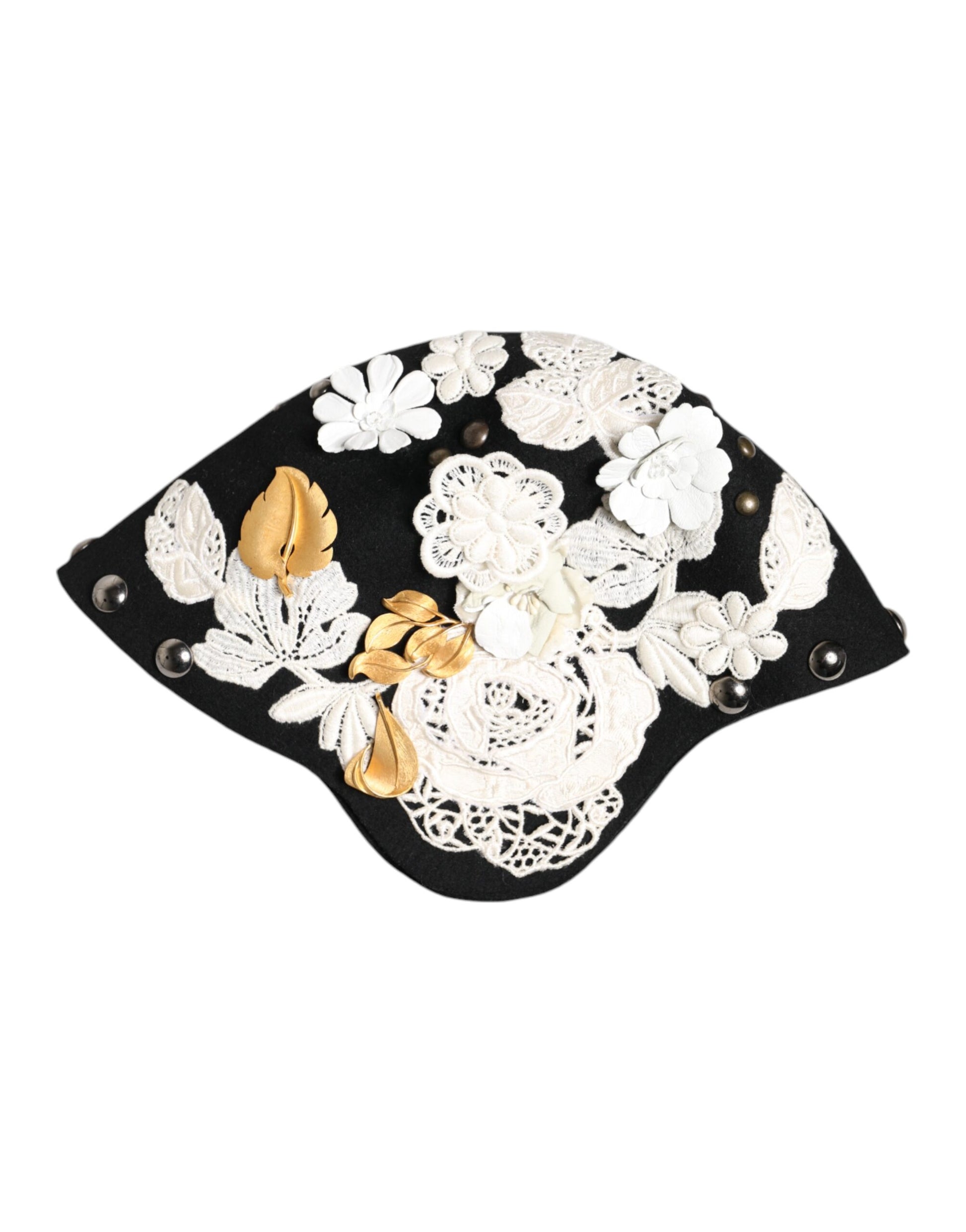 Dolce & Gabbana Black Wool White Floral Gold Leaf Cloche Hat Dolce & Gabbana