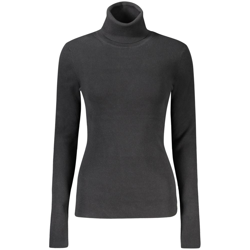 Black Calvin Klein cotton women's sweater displayed on a hanger, showcasing its classic knit design and cozy fit.