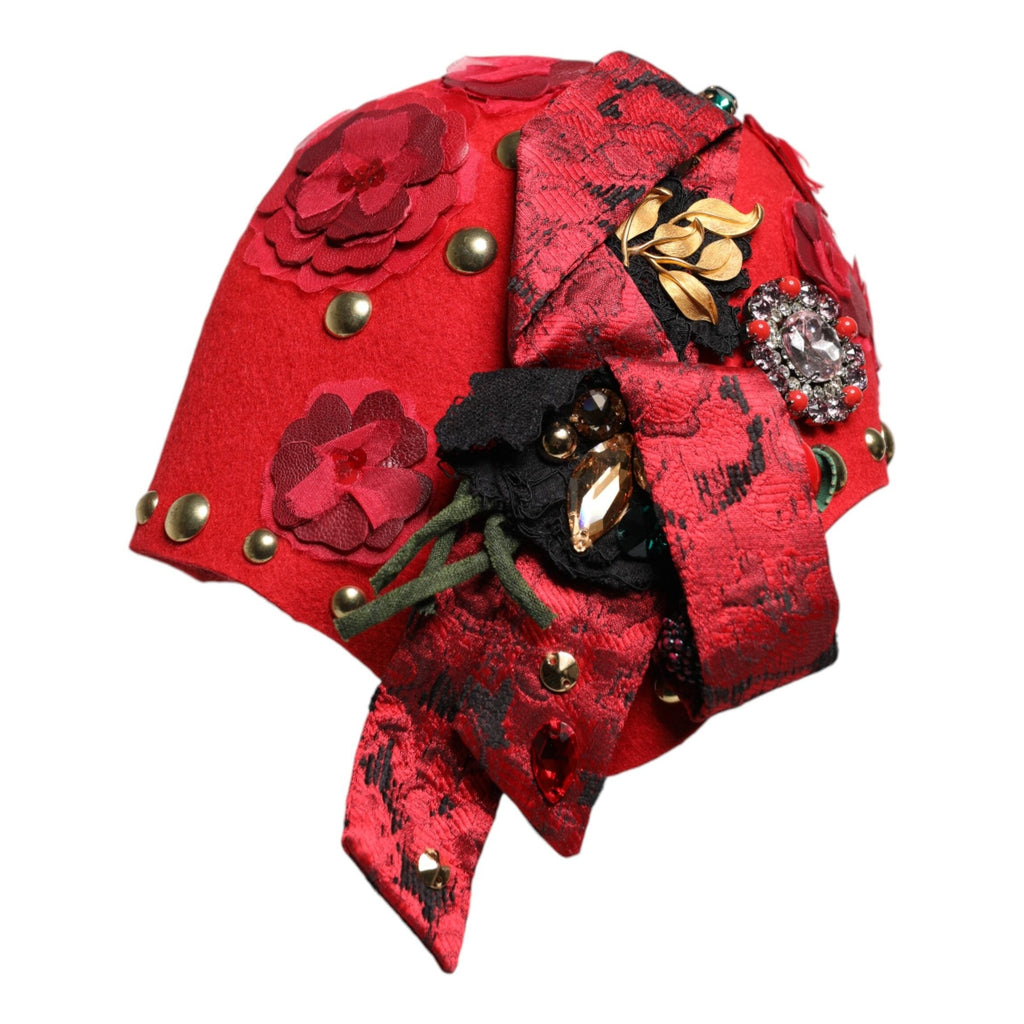Dolce & Gabbana Red Crystal Gold Roses Brooch Embellished Hat
