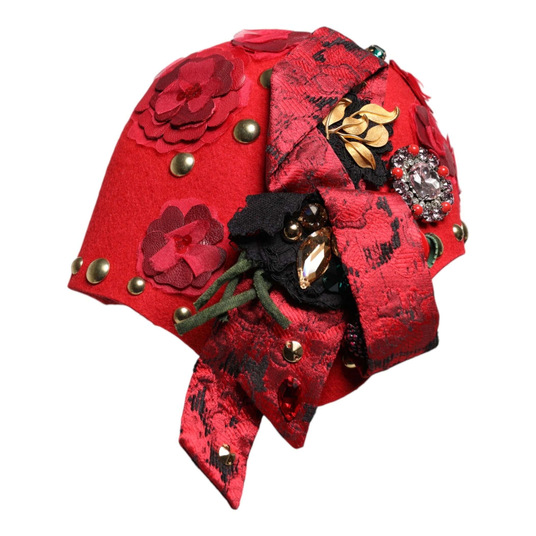 Dolce & Gabbana Red Crystal Gold Roses Brooch Embellished Hat