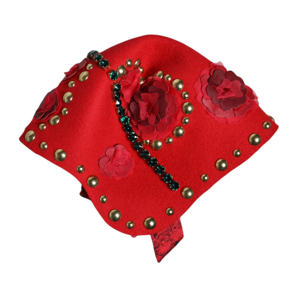 Dolce & Gabbana Red Crystal Gold Roses Brooch Embellished Hat